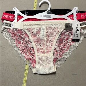 Bebe Lace Bikini Trio in Red, Black, and Cream